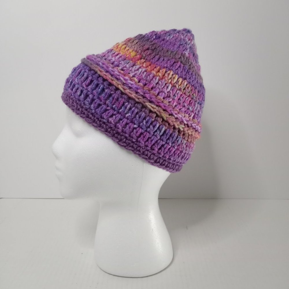 Handmade Unisex Crochet Knitted Beanie Hat Purple Multi Color 9"Rx7"D